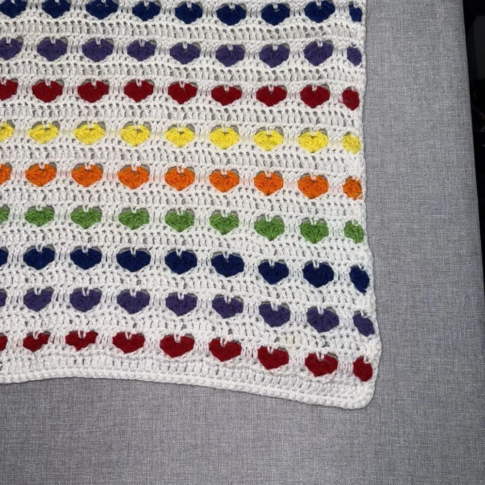 Handmade Crochet Rainbow Heart Baby Blanket Afghan Grandma Grannycore 34